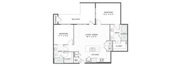 A 2D black and white floor plan of an apartment home.