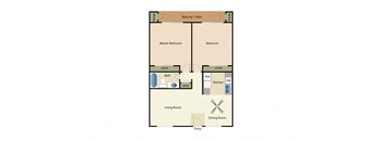 Two bedrooms one bathroom apartment floorplan