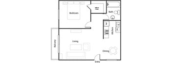 A floor plan of a home with a bedroom, living room, kitchen, dining room, and balcony.