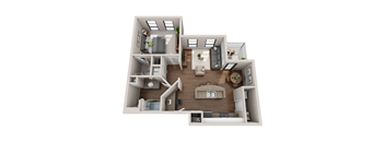 A 3D floor plan of an apartment home.