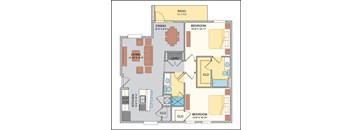 A floor plan of a house with a living room, dining room, kitchen, two bedrooms, a patio, and a laundry room.