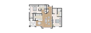 A colorized 2D floor plan of an apartment home.