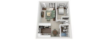 A 3D floor plan of a small apartment with a living room, kitchen, and bathroom.