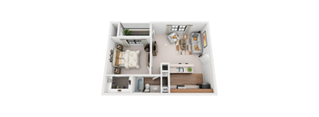 A 3D floor plan of an apartment home.