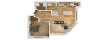 A top-down view of a house layout with a kitchen, living room, and bathroom.