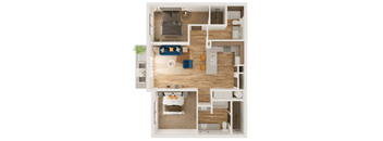 A top-down view of a small apartment with a bedroom, living room, and kitchen.