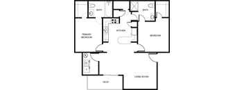 A floor plan of a house with a living room, two bedrooms, a kitchen, a bathroom, and a private patio.