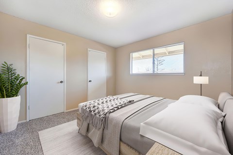 A bedroom with carpet and a window. The room is staged with a bed, a rug, and a plant.