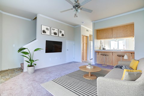 A living room with carpet and a ceiling fan. The room is staged with a couch, a rug, and a coffee table. The background there is the kitchen and the breakfast bar.