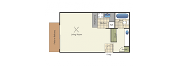 a floor plan of a studio apartment with a bedroom and a living room