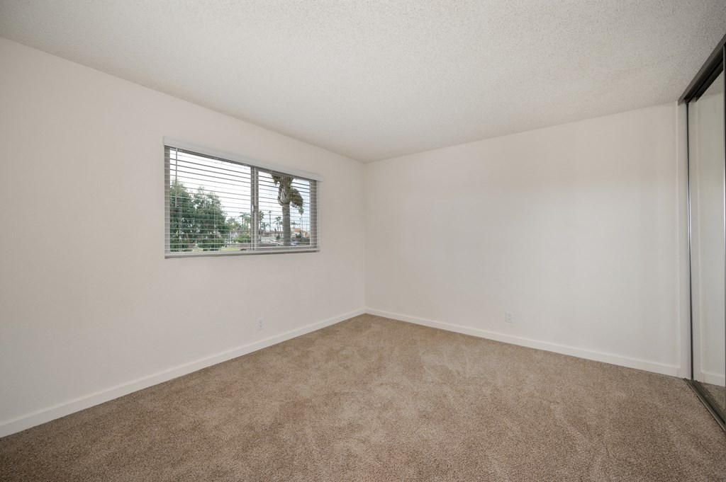 the living room of an apartment with carpet and a window
