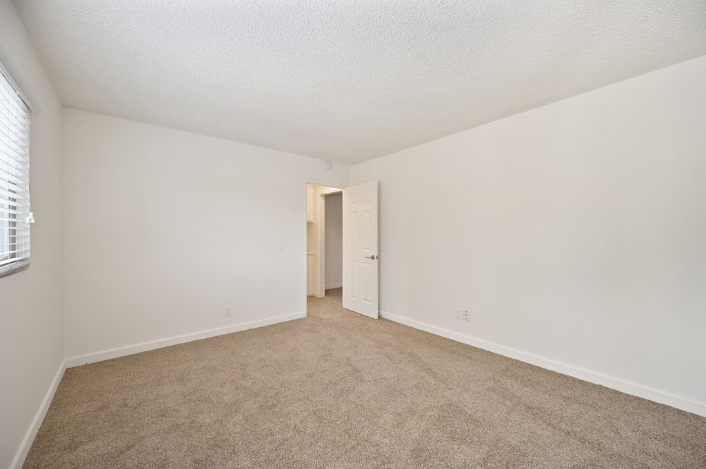 an empty living room with carpet and a door to a closet