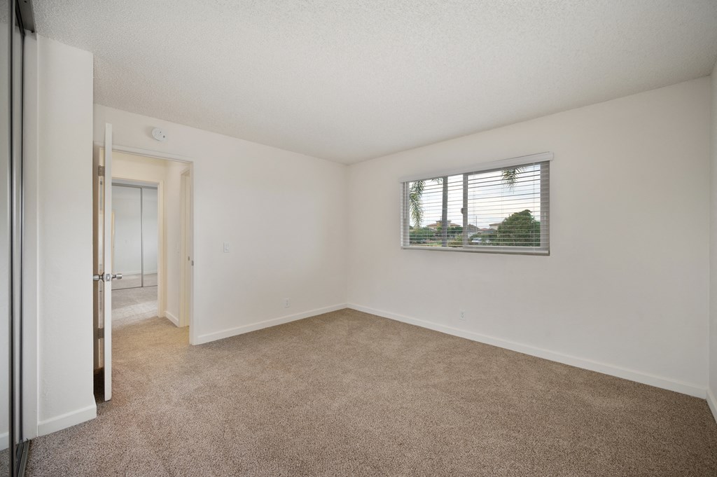 an empty living room with carpet and a window
