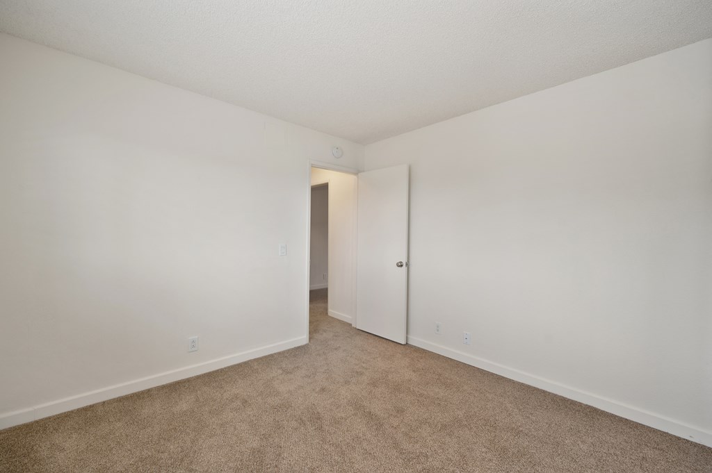 a bedroom with white walls and carpet and a door to a closet