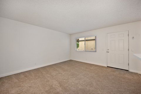 the living room of an apartment with carpet and a white door