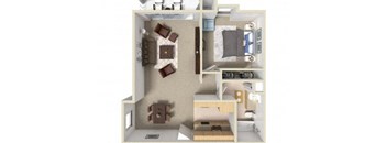 a stylized floor plan with a bedroom and a living room