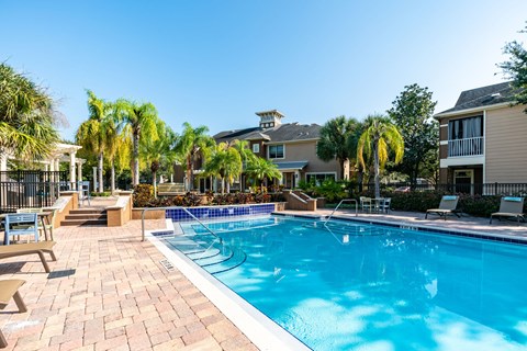 A swimming pool surrounded by palm trees and lounge chairs.