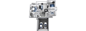 Bird’s-eye 3D dollhouse floor plan of a 2 story apartment with direct access 2 car garage on first floor and living space on second floor.