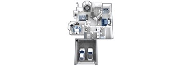 Bird’s-eye 3D dollhouse floor plan of a 2 story apartment with direct access garage on first floor and living space on second floor.