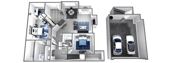 A floor plan of a house with a garage and a car.
