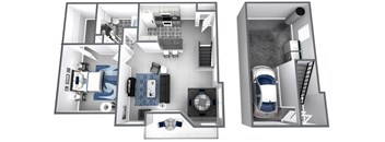 Bird’s-eye 3D dollhouse floor plan of a 2 story apartment with direct access garage on first floor and living space on second floor.