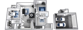 Bird’s-eye 3D dollhouse floor plan of a 2 story apartment with direct access 2 car garage on first floor and living space on second floor.