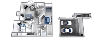 Bird’s-eye 3D dollhouse floor plan of a 2 story apartment with direct access garage on first floor and living space on second floor.