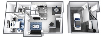 A floor plan of a house with a car parked in the garage.