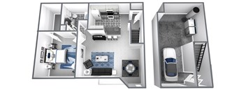 Bird’s-eye 3D dollhouse floor plan of a 2 story apartment with direct access garage on first floor and living space on second floor.