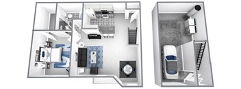 Bird’s-eye 3D dollhouse floor plan of a 2 story apartment with direct access garage on first floor and living space on second floor.