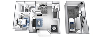 Bird’s-eye 3D dollhouse floor plan of a 2 story apartment with direct access garage on first floor and living space on second floor.