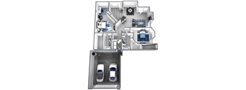 Bird’s-eye 3D dollhouse floor plan of a 2 story apartment with direct access garage on first floor and living space on second floor.