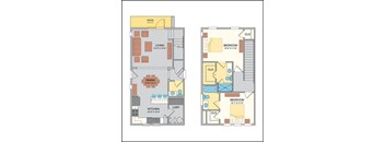 A floor plan of a two-story house with a living room, two bedrooms, a dining room, a kitchen, and a laundry room.