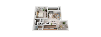 A 3D floor plan of an apartment home.