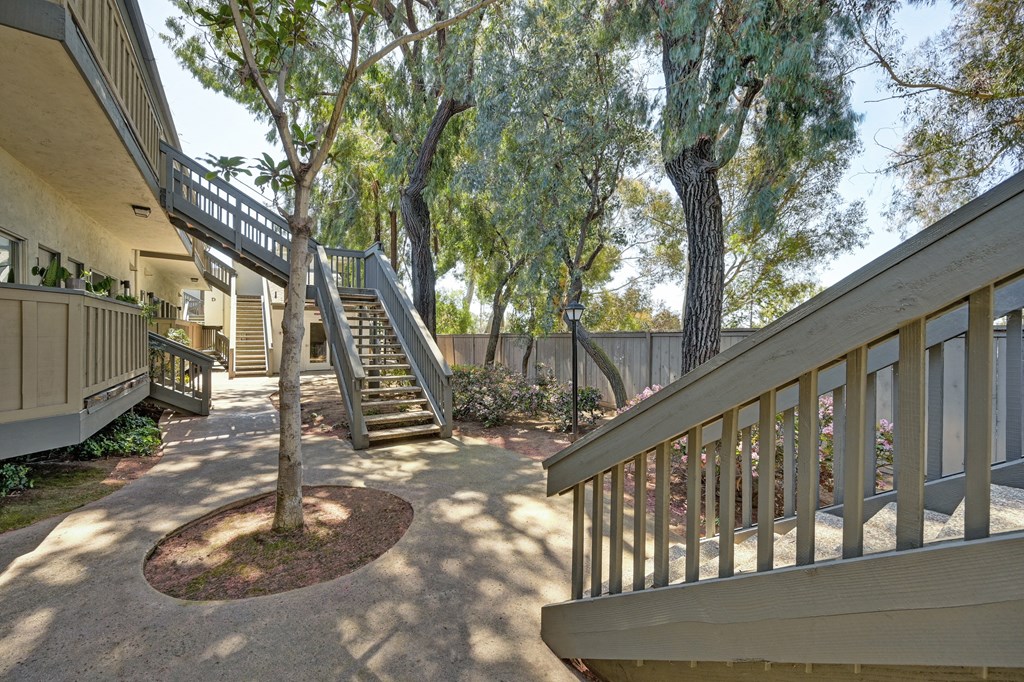 a patio with stairs and trees in front of a house