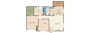 Two bedrooms one bathroom apartment floorplan