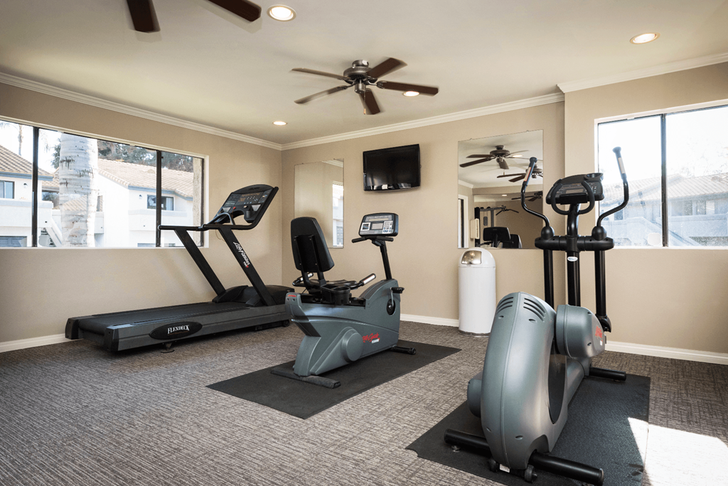 a home gym with treadmills and a treadmill
