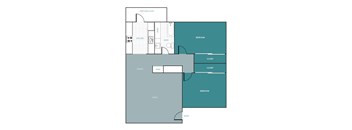 a blueprint of a floor plan of a blue and green floor plan with a bedroom