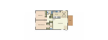 Two bedrooms one and a half bath apartment floorplan