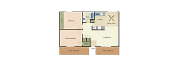 Two bedrooms one bathroom apartment floorplan