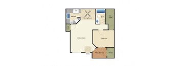 a floor plan of a studio apartment with a bedroom and a living room