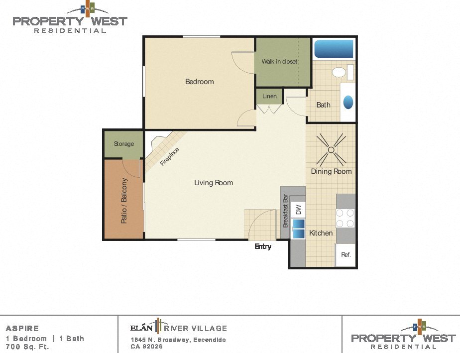 One bedroom one bath apartment floorplan