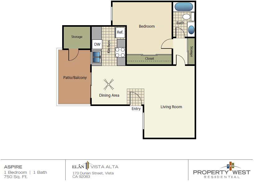 One bedroom one bath apartment floorplan