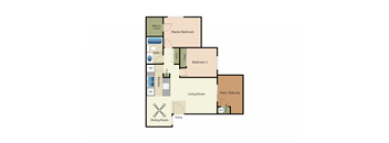 Two bedrooms one bathroom apartment floorplan