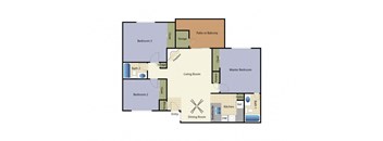 Three bedrooms two bathrooms apartment floorplan