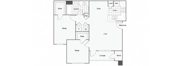 Two bedrooms one bathroom apartment floorplan
