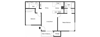 Two bedrooms two bathrooms apartment floorplan