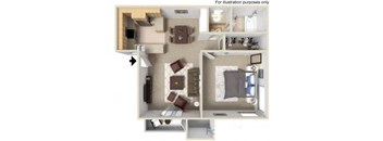 A floor plan of an apartment with a kitchen, living room, and two bedrooms.