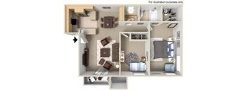 A floor plan of a small apartment with a kitchen, living room, and bedroom.
