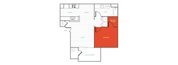 A floor plan of a house with a kitchen, dining area, bathroom, closet, living room, balcony/patio, and bedroom.